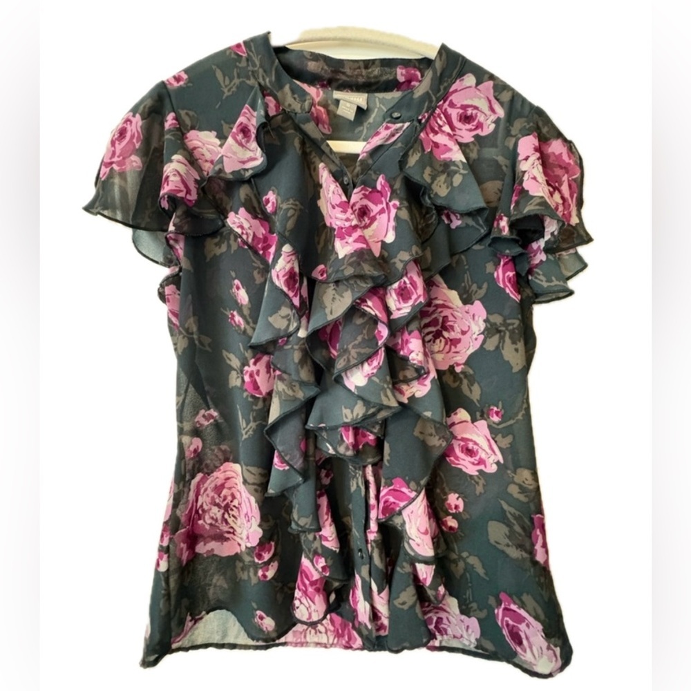 Converse Floral Ruffle Blouse Small Purple Gray Sheer Romantic Coquette Top